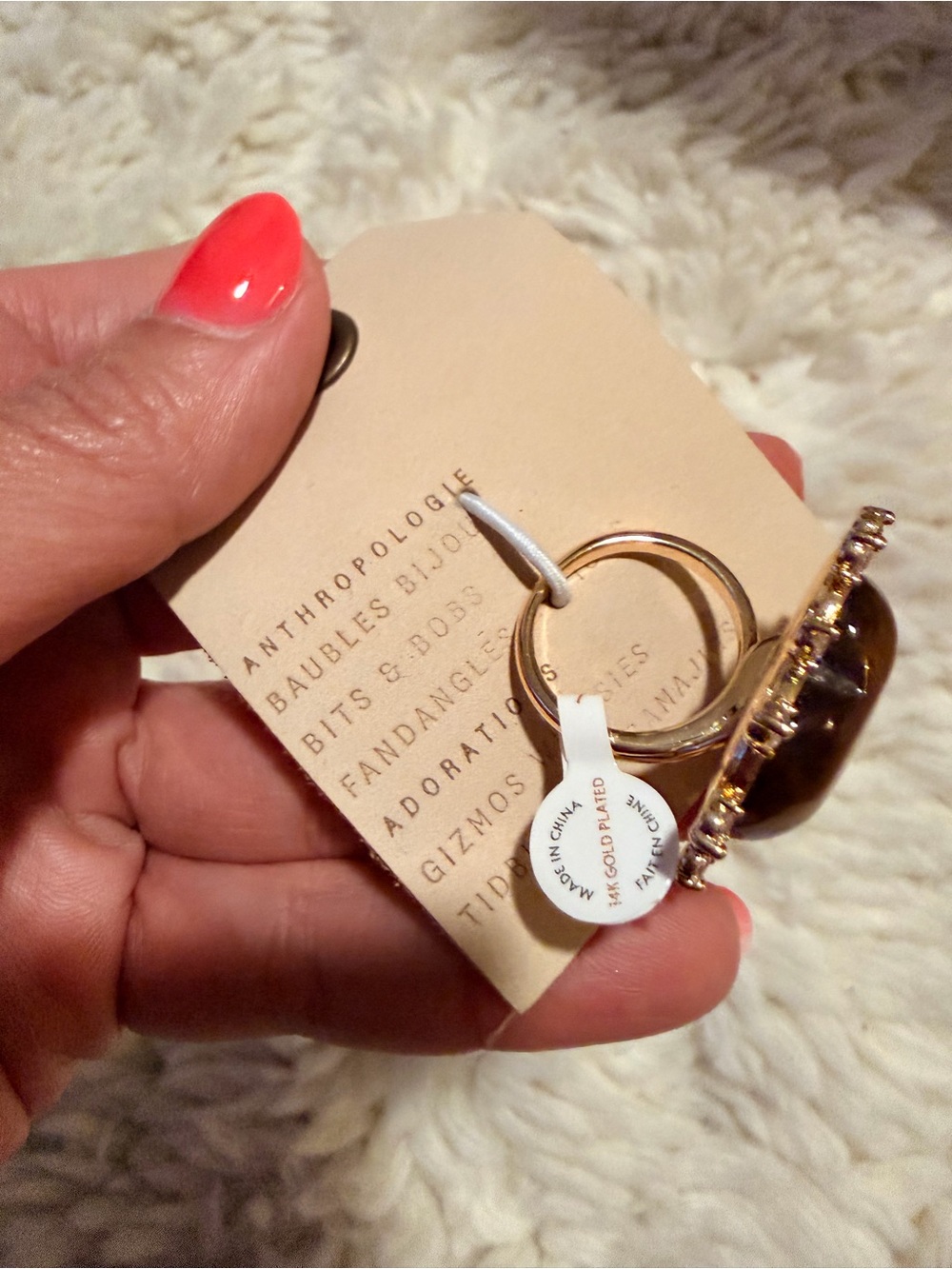NWT Anthropologie Gold-Tone Heart Ring with Brown Tiger Eye and Clear Crystals - Picture 5 of 6
